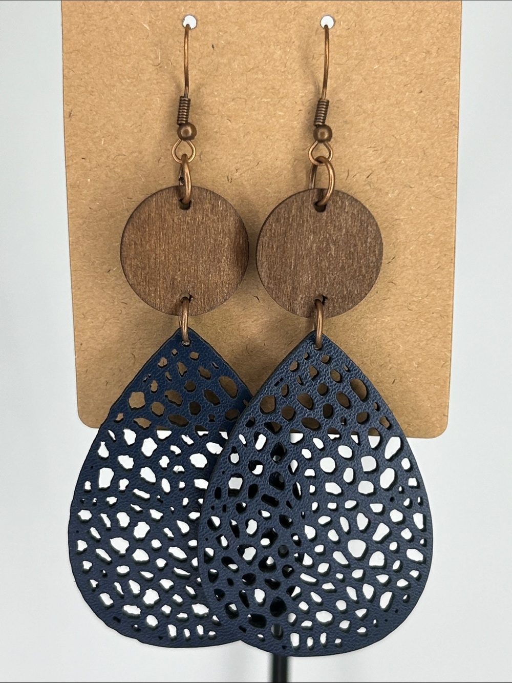 Navy Cutout Teardrop Wood & Faux Leather Earrings Fashion Jewelry